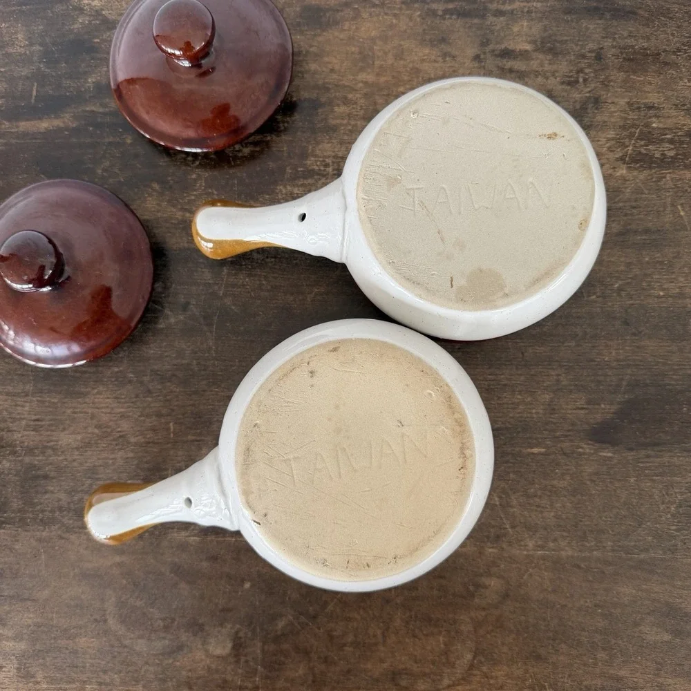 Vintage French Onion Soup Crocks Handled Bowls with Lids Brown Glazed Set‎ of 2